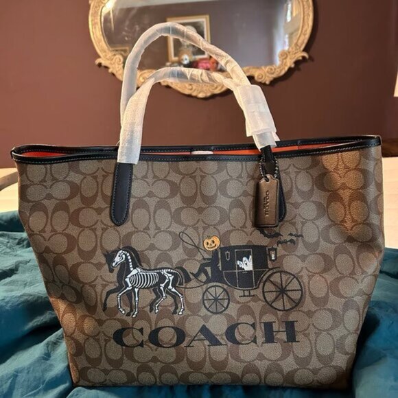 Coach City Tote In Signature Canvas With Halloween Horse And Carriage - Picture 1 of 7